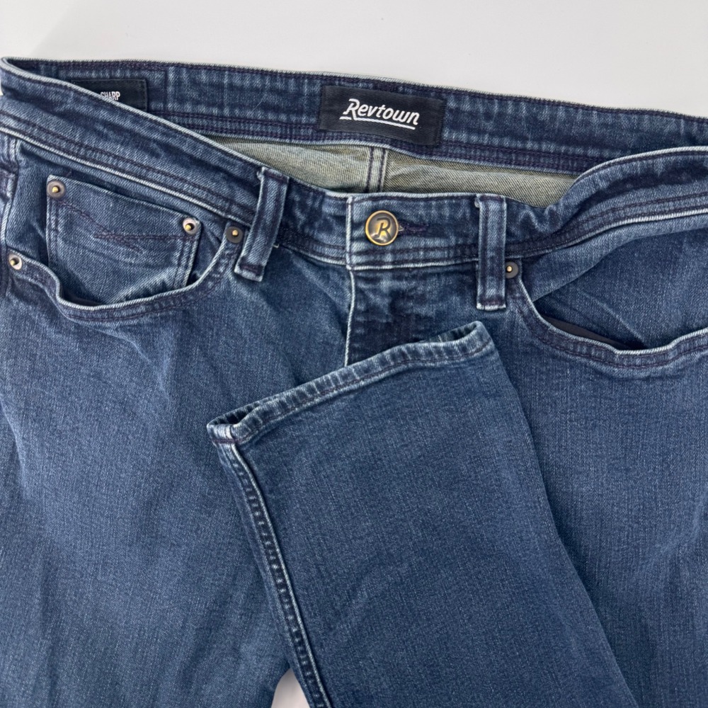 Revtown Sharp Jeans Mens 35x32 Dark Blue Decade Denim Stretch Slim Straight 9531